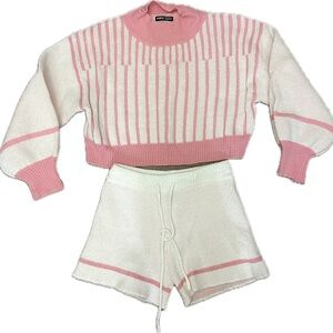 Women’s Pink and White Striped Knit Sweater and Shorts Set